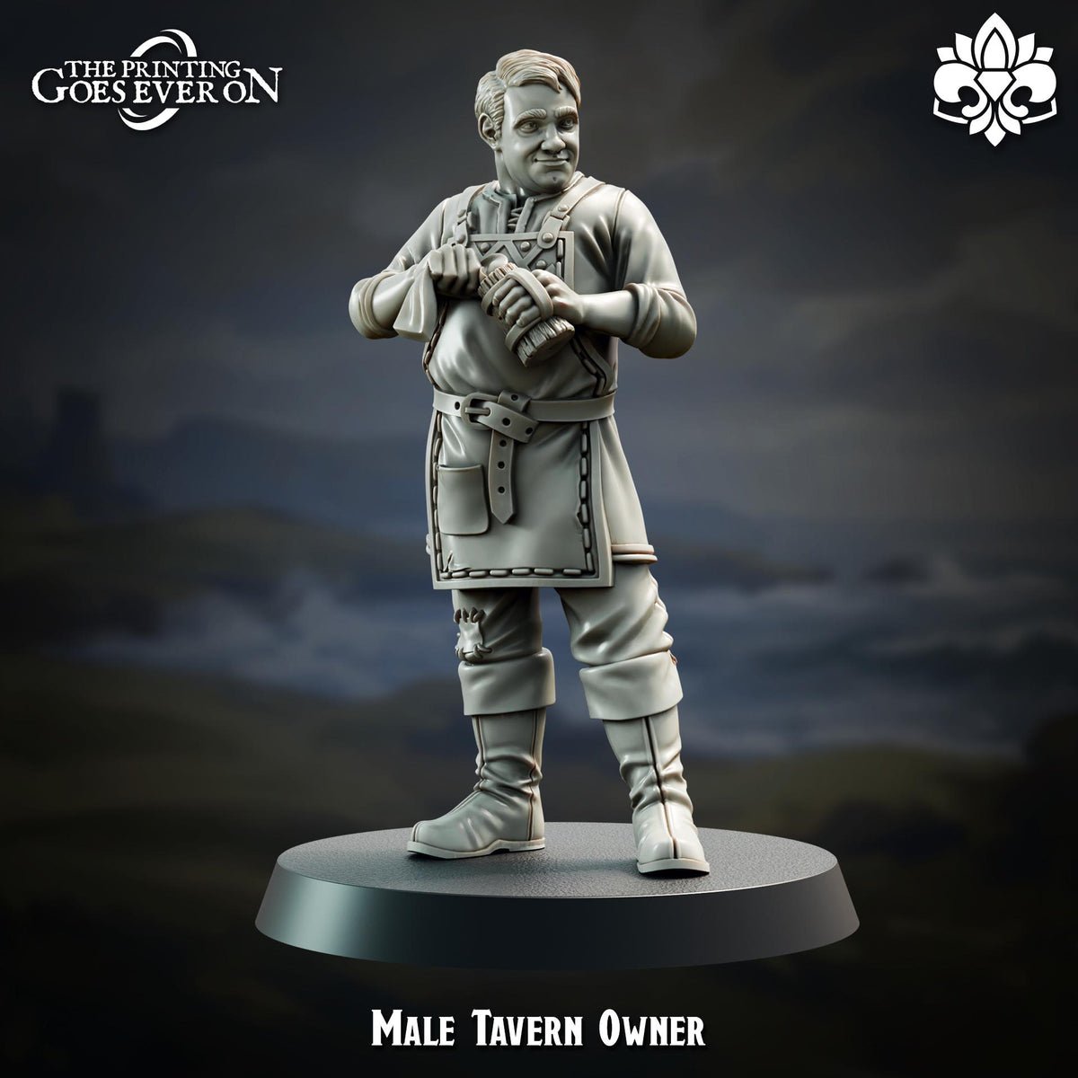 A statue of a male figure, likely a tavern owner, standing in a pose with his hands on his hips.