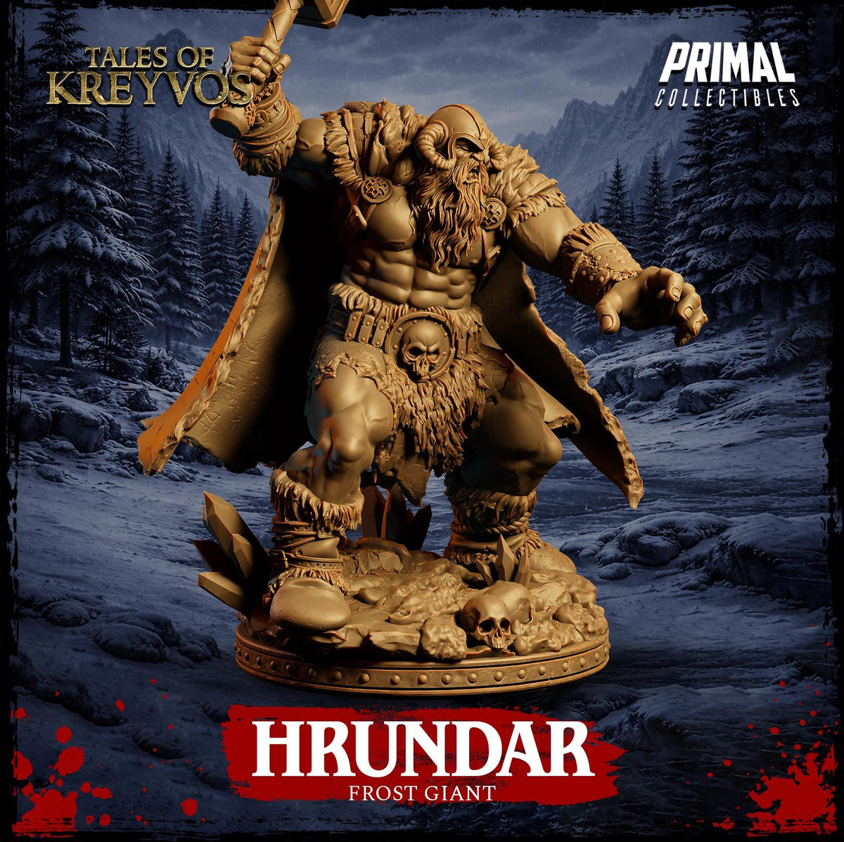 a large, detailed statue of a frost giant, Hrundar, standing in a snowy, mountainous landscape.