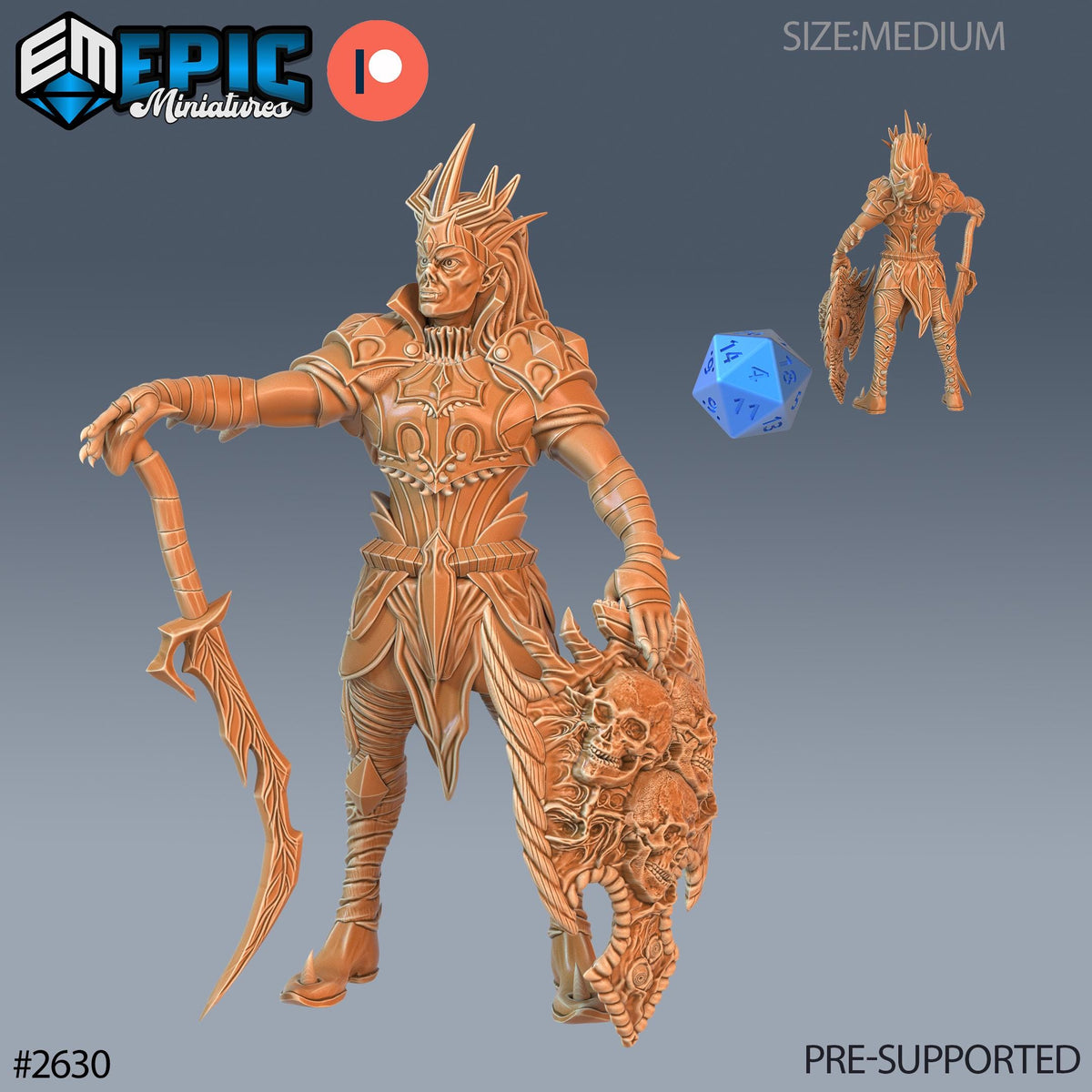 The image is a 3D model of a fantasy character, possibly a warrior or a deity, with intricate armor and a large weapon. The character is depicted in various poses, including standing, kneeling, and holding a shield. The image is pre-supported, meaning it is ready to be used in a game or other creative project.