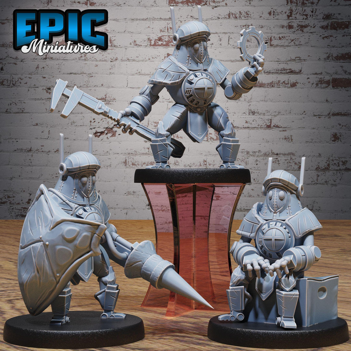 three miniature figures of soldiers, each with unique weapons and armor, set against a brick wall background.