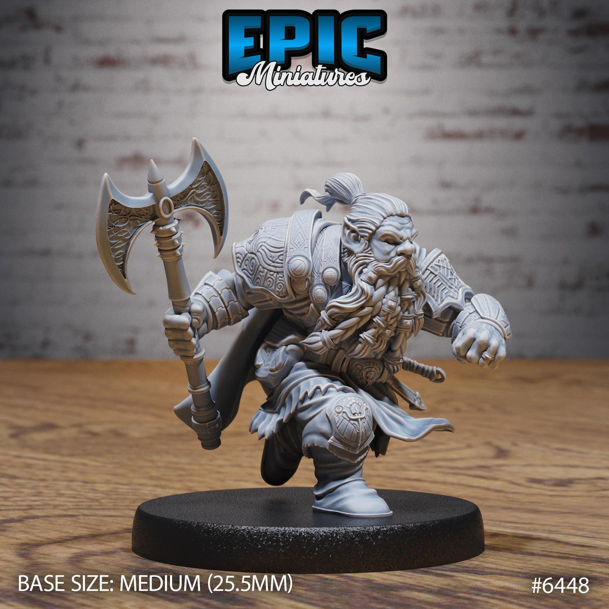 A detailed 3D model of a dwarf warrior character, holding a large sword and wearing ornate armor, standing on a black base.