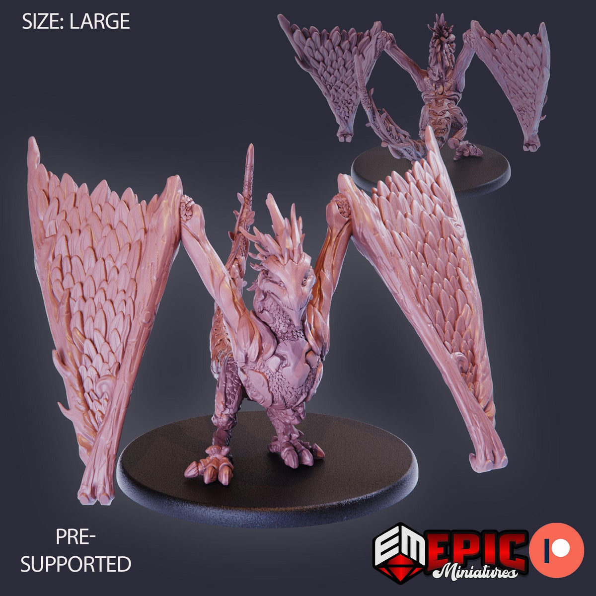 a large, detailed dragon figurine with intricate feather-like patterns on its wings and body. The dragon is standing on a black base, and the image is described as a "size: large" and "pre-supported" version.