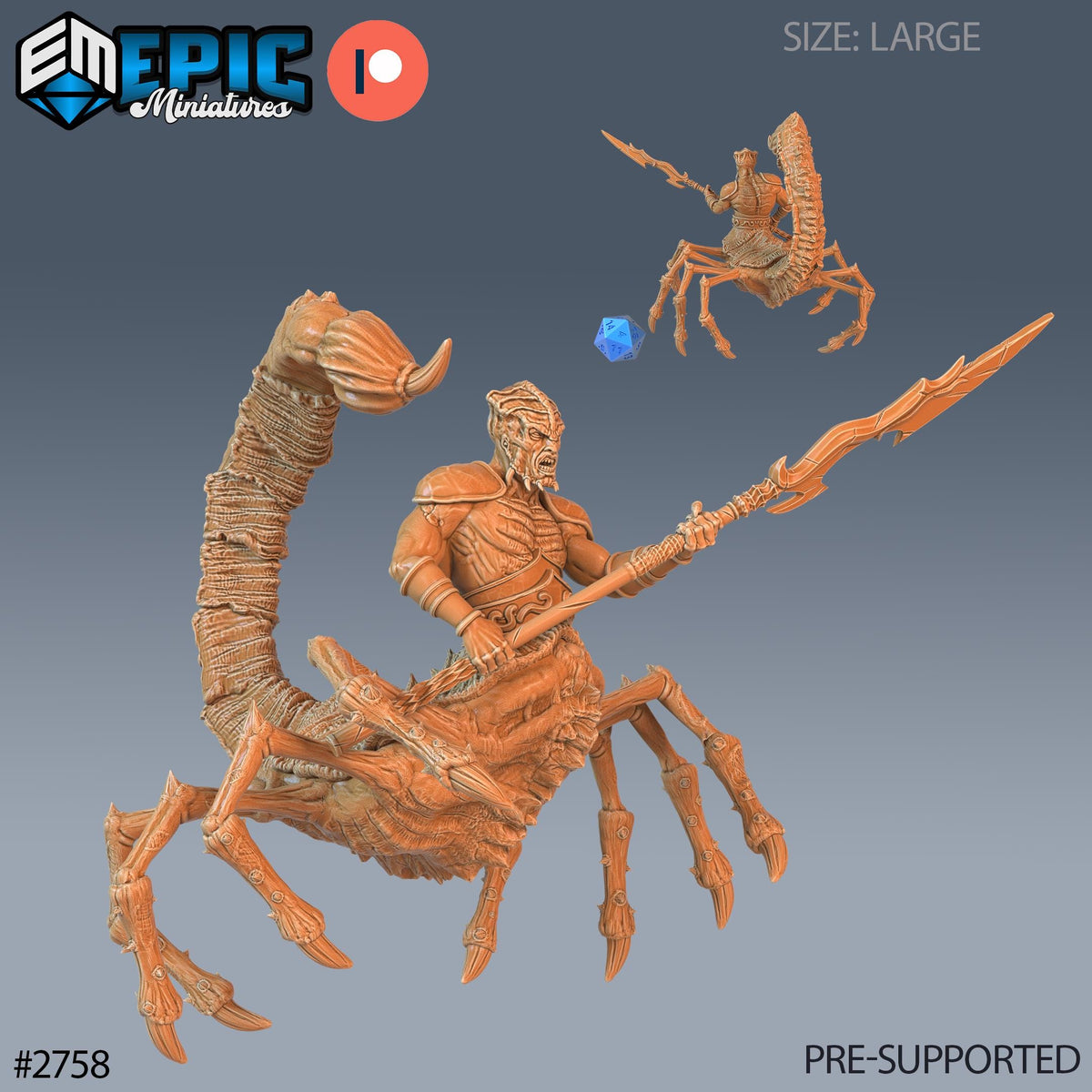 a 3D model of a miniature character, including a spider-like creature and a human-like figure, with a large weapon in their hands.
