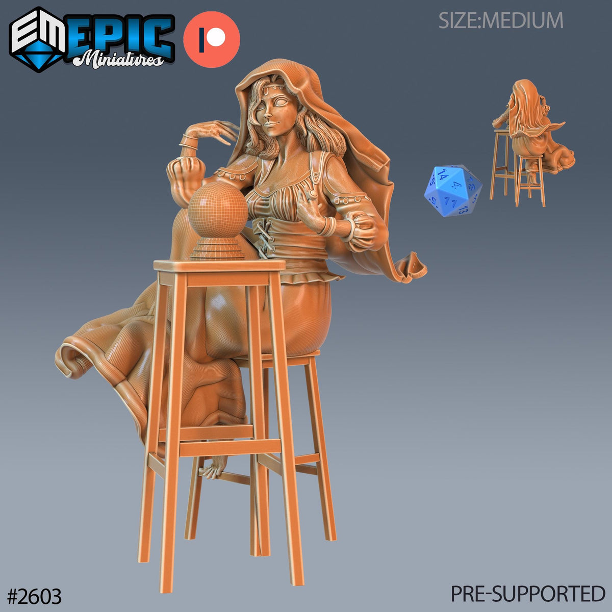 The image is a 3D model of a female character, possibly a witch or fortune teller, sitting on a stool and holding a crystal ball. The character is wearing a hooded cloak and appears to be engaged in some sort of ritual or ceremony. The image is a 3D rendering of the character, and it is pre-supported, meaning it is ready to be used in a game or other digital media.