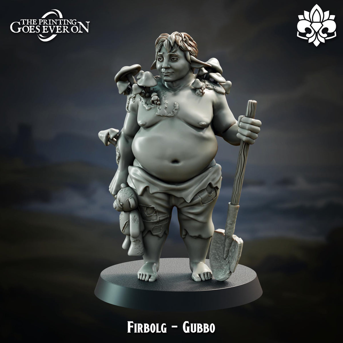 a statue of a person with a large belly, holding a shovel and a teddy bear. The statue is set against a dark background, and the text "Firbolg - Gubbio" is visible, likely indicating the name of the statue or the artist.