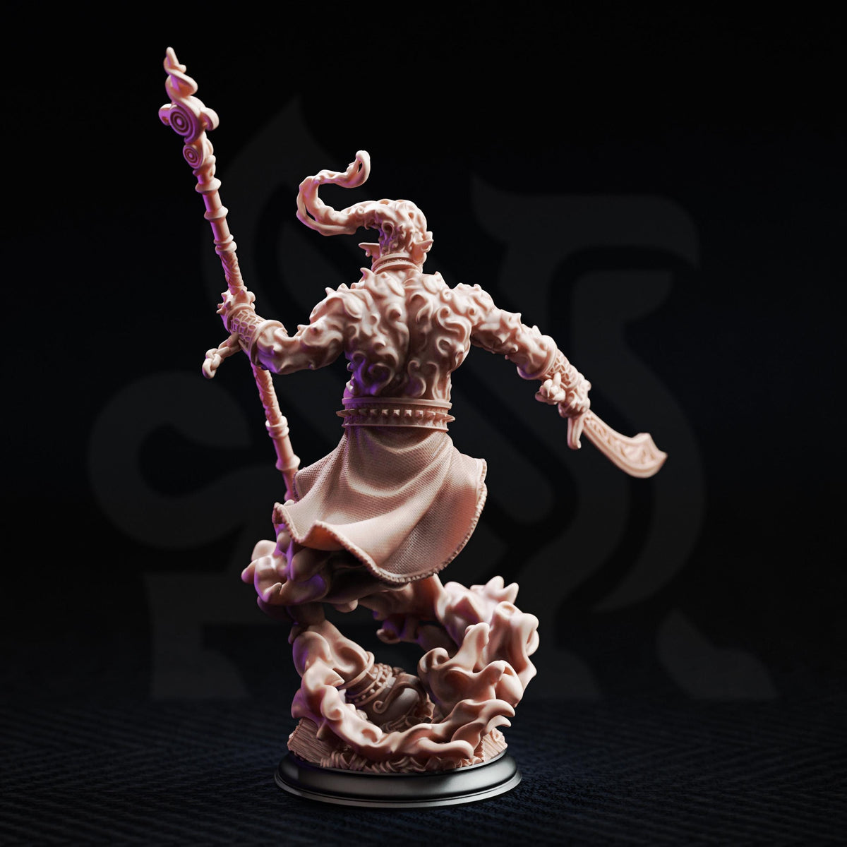 A detailed figurine of a fantastical creature, possibly a dragon or serpent, with intricate, flowing robes and wielding a staff or staff-like object.