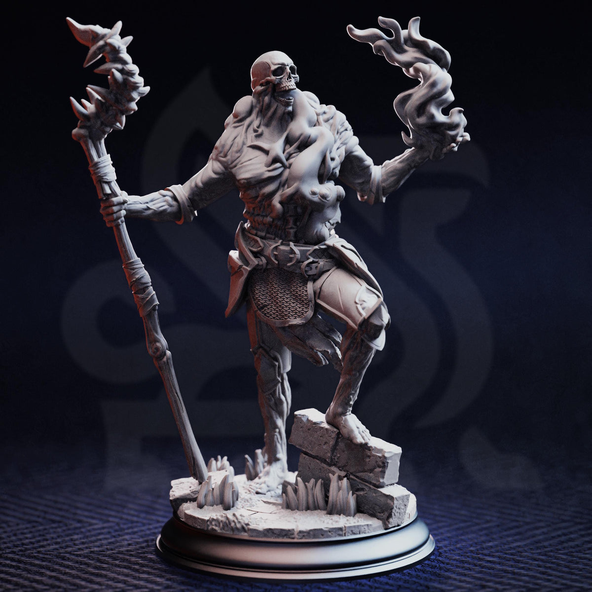 A detailed 3D rendering of a fantastical, skeletal figure wielding a staff and wielding a weapon, set against a dark background.