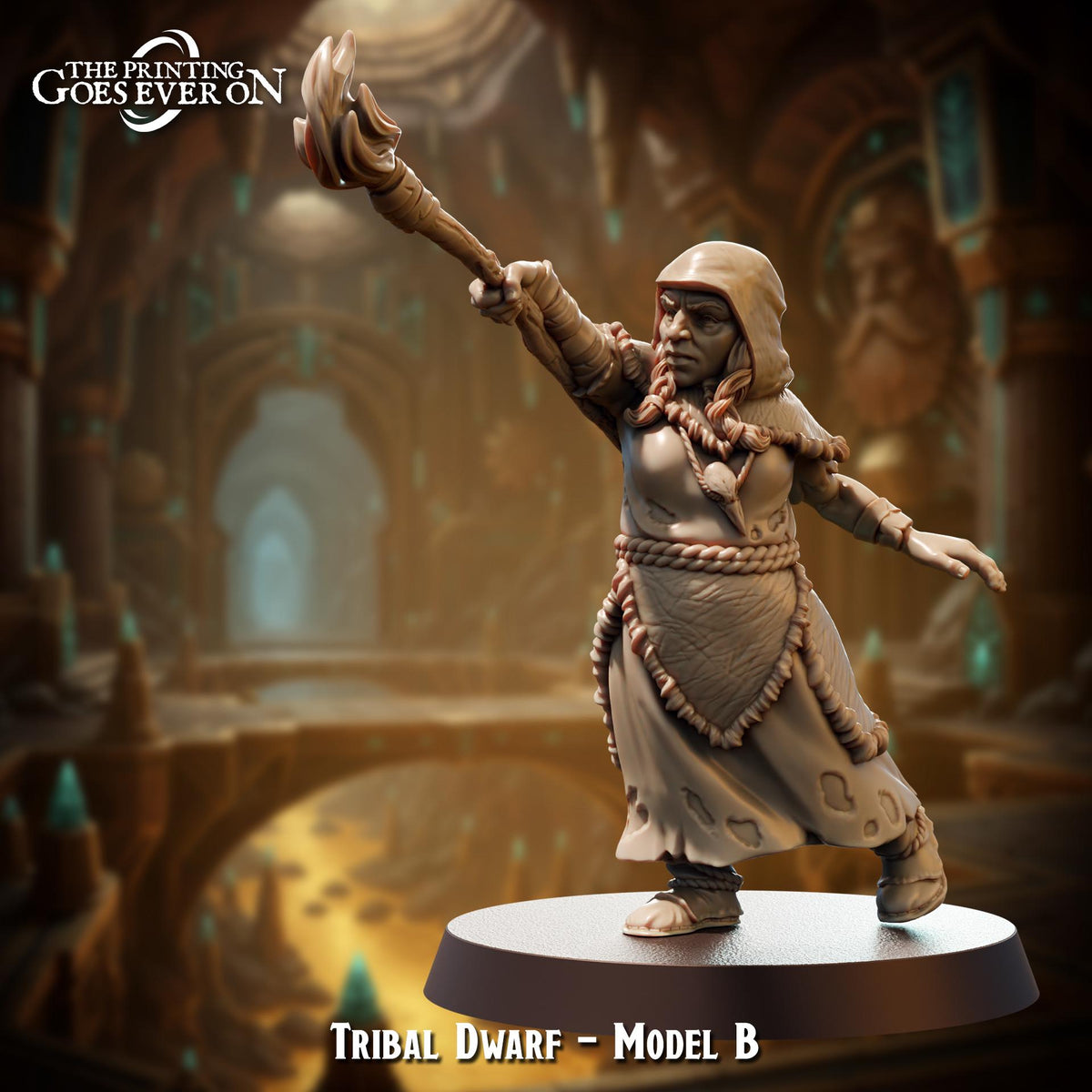 A figurine of a tribal dwarf, specifically Model B, is shown in a fantastical setting with a bridge and a castle in the background.