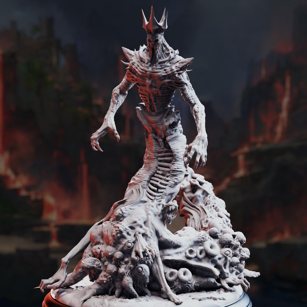 A detailed 3D model of a fantastical creature, possibly a monster or a dragon, with intricate textures and features. The creature is standing on a base and appears to be interacting with a large, chaotic pile of organic matter, possibly a creature or a pile of rocks. The background is dark and ominous, suggesting a dramatic or fantastical setting.
