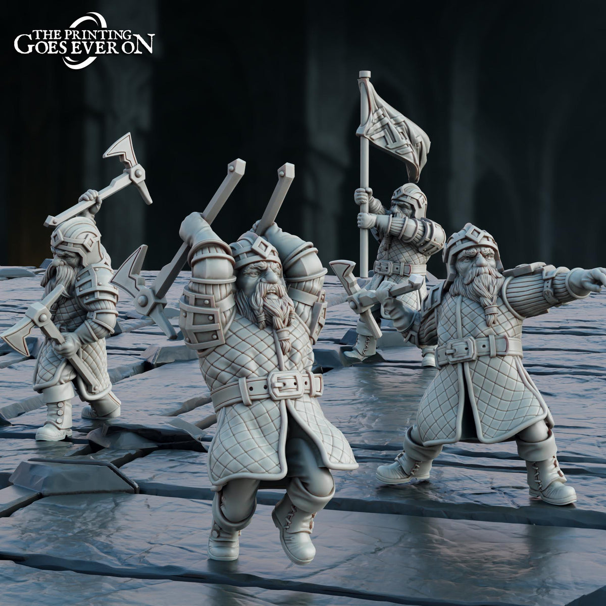 A group of detailed, armored fantasy characters, likely from a fantasy role-playing game, standing on a rocky surface.