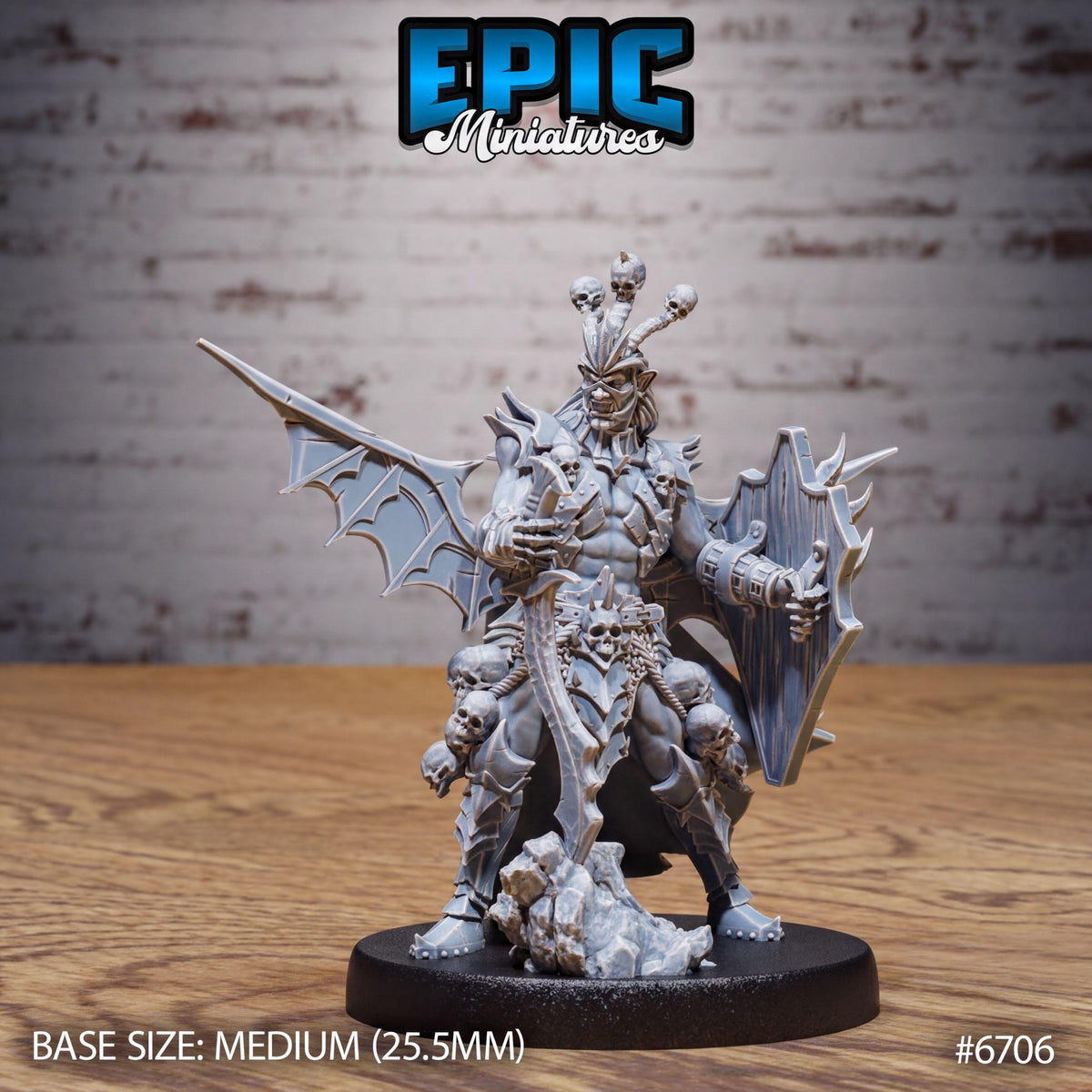 A detailed model of a winged warrior figure, likely from the video game Epic Miniatures, with a sword and shield in hand. The figure is standing on a black base and is depicted in a dynamic pose, ready for action.