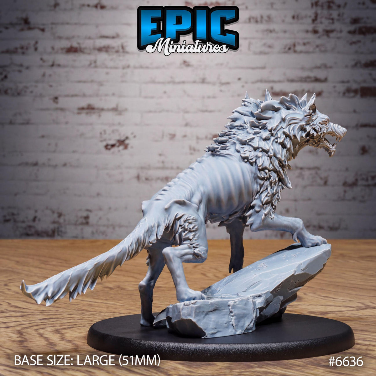 A large gray wolf figurine is displayed on a black base, set against a brick wall background.