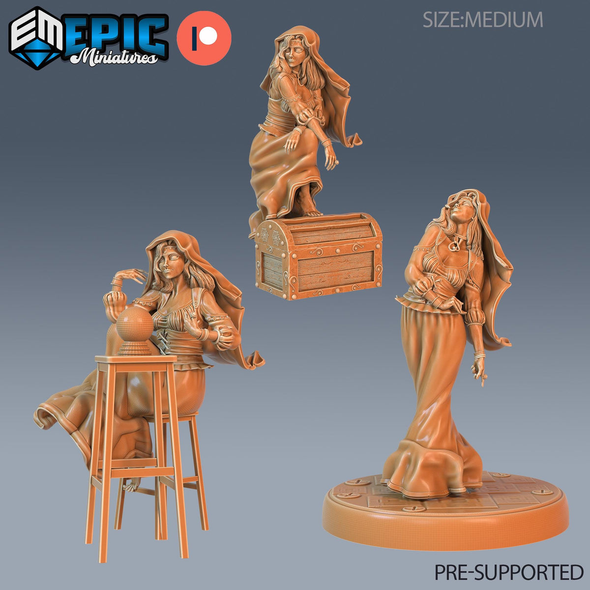 three miniature figurines of women, each with different poses and expressions. The figurines are brown in color and appear to be made of a material that resembles clay or wood. The figurines are arranged in a way that suggests they are part of a larger collection or set. The image does not contain any text, and the figurines are not described as being part of a collage or a series of images.