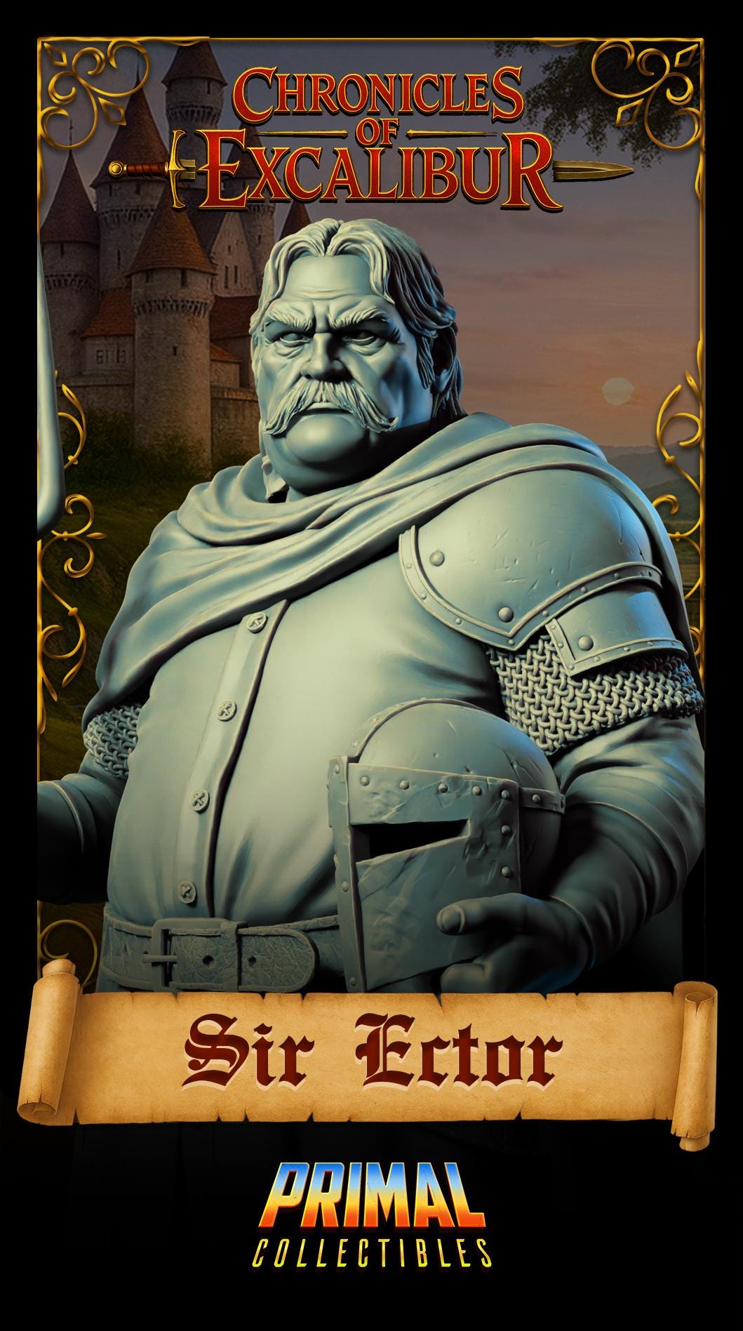 Knight Sir Ector miniature from Chronicles of Excalibur, crafted in premium grey resin, ideal for collectors and gamers.