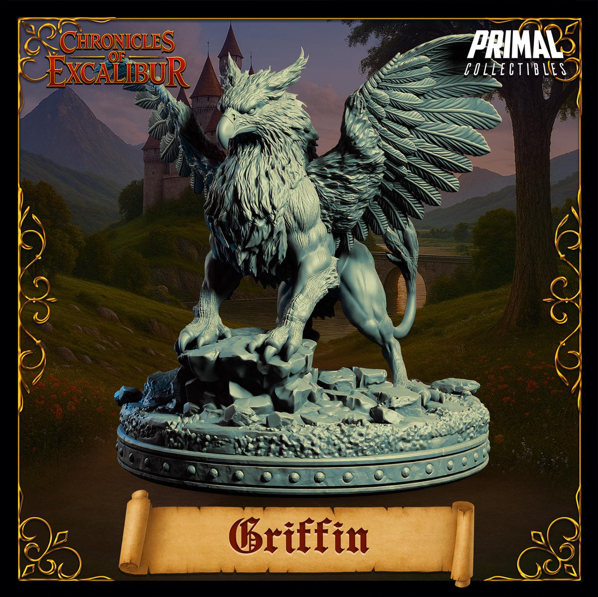 A statue of a winged, winged creature resembling a mythical or fantastical creature, possibly a dragon or a mythical beast, standing on a pedestal. The background features a castle or palace-like structure, suggesting a fantasy or mythological setting. The name 'Griffin' is prominently displayed in the image.