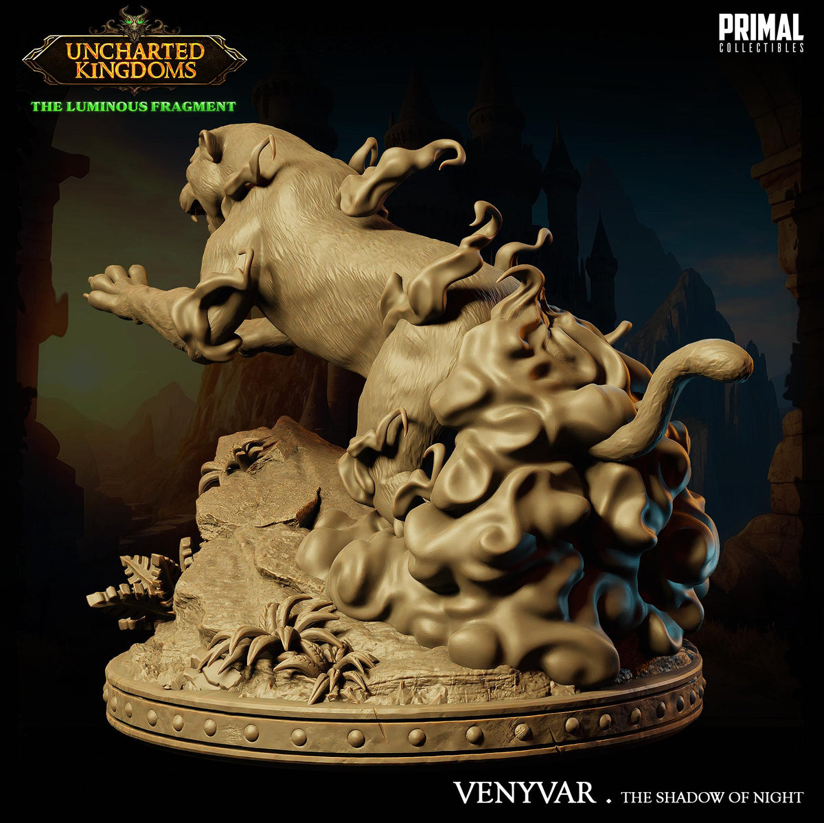 The image is a 3D rendering of a sculpture depicting a fantastical creature, possibly a dragon or a mythical beast, with a dark, mysterious background. The sculpture is placed on a circular base and is the main focus of the image.