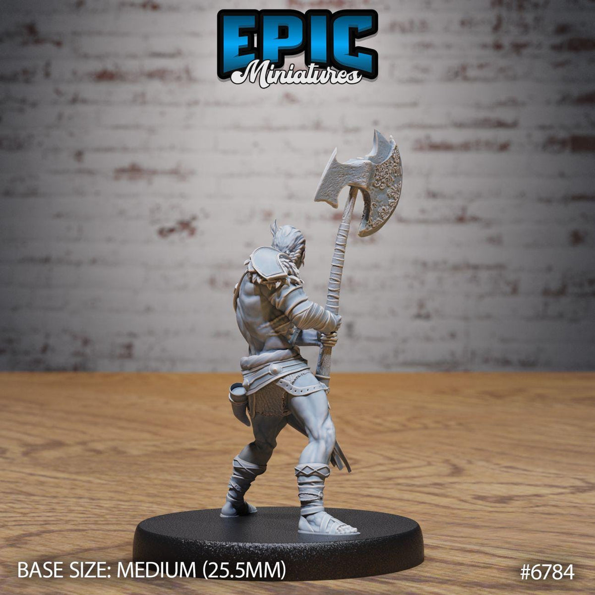 A figurine of a warrior standing on a black base, holding a large weapon.