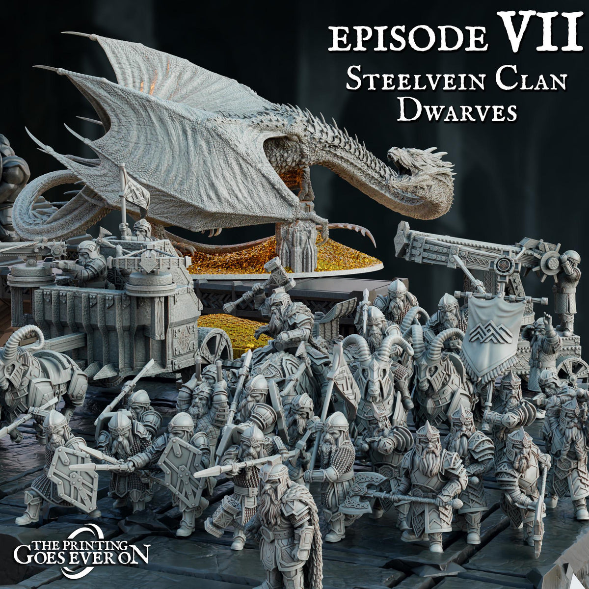 The image is a detailed 3D rendering of a fantasy battle scene, featuring a large dragon-like creature, a group of heavily armored dwarfs, and various other fantastical elements. The scene appears to be from a video game or other digital media, as indicated by the text "Episodes VII" and "Steelvein Clan Dwarves".