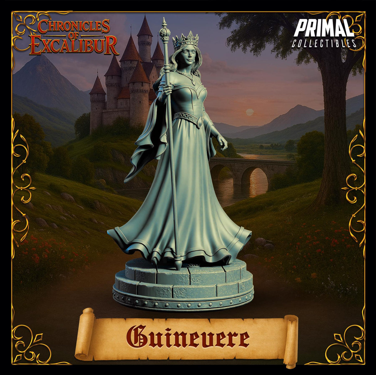 a statue of a woman wearing a crown and holding a staff, standing in front of a castle and a bridge. The statue is located in a fantasy setting, with mountains and a sunset in the background. The name 'Guinevere' is displayed below the statue.