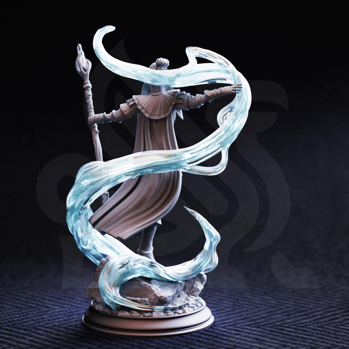 A statue of a wizard or magical figure holding a staff and surrounded by swirling, ethereal light.