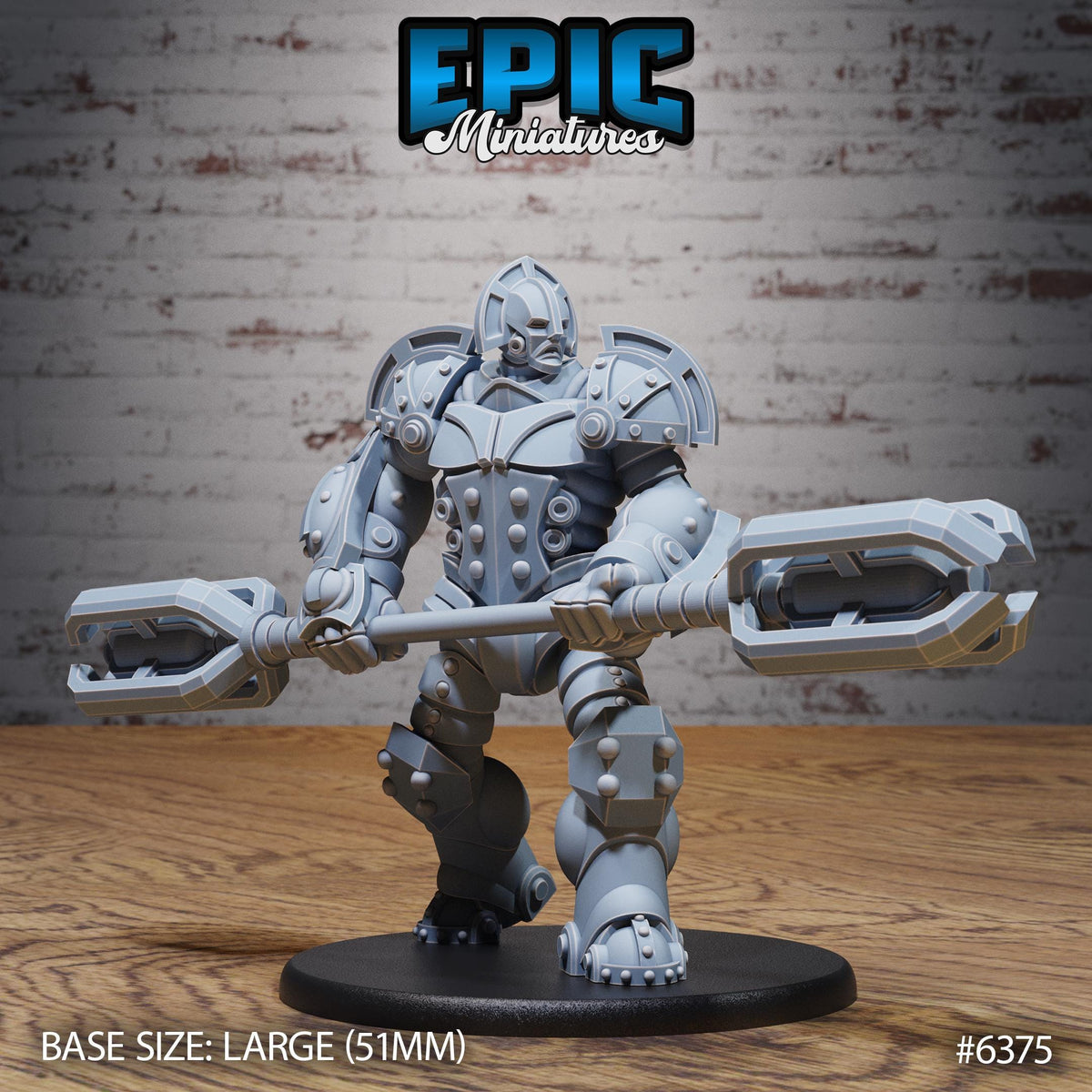 A large gray robot figurine with a weapon in its hands, standing on a black base.