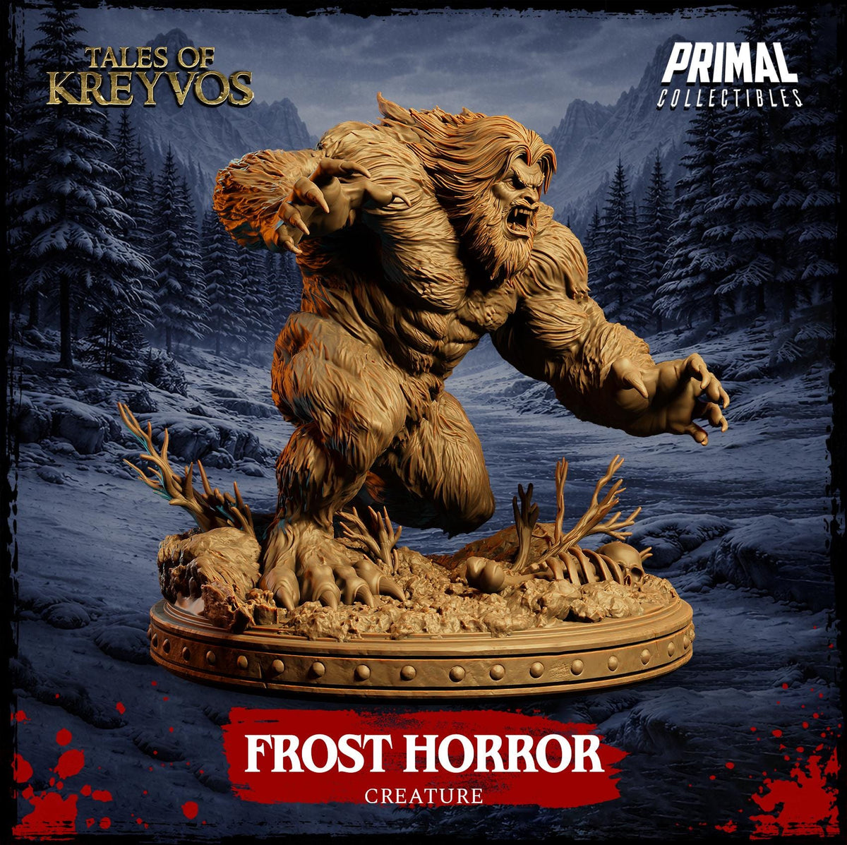 A large, furry creature resembling a bear or a monster with a long, flowing mane and sharp claws, standing on a platform and appearing to be in a fighting stance. The creature is surrounded by a snowy, forested landscape, and the image is labeled as "FROST HORROR CREATURE" in bold text.