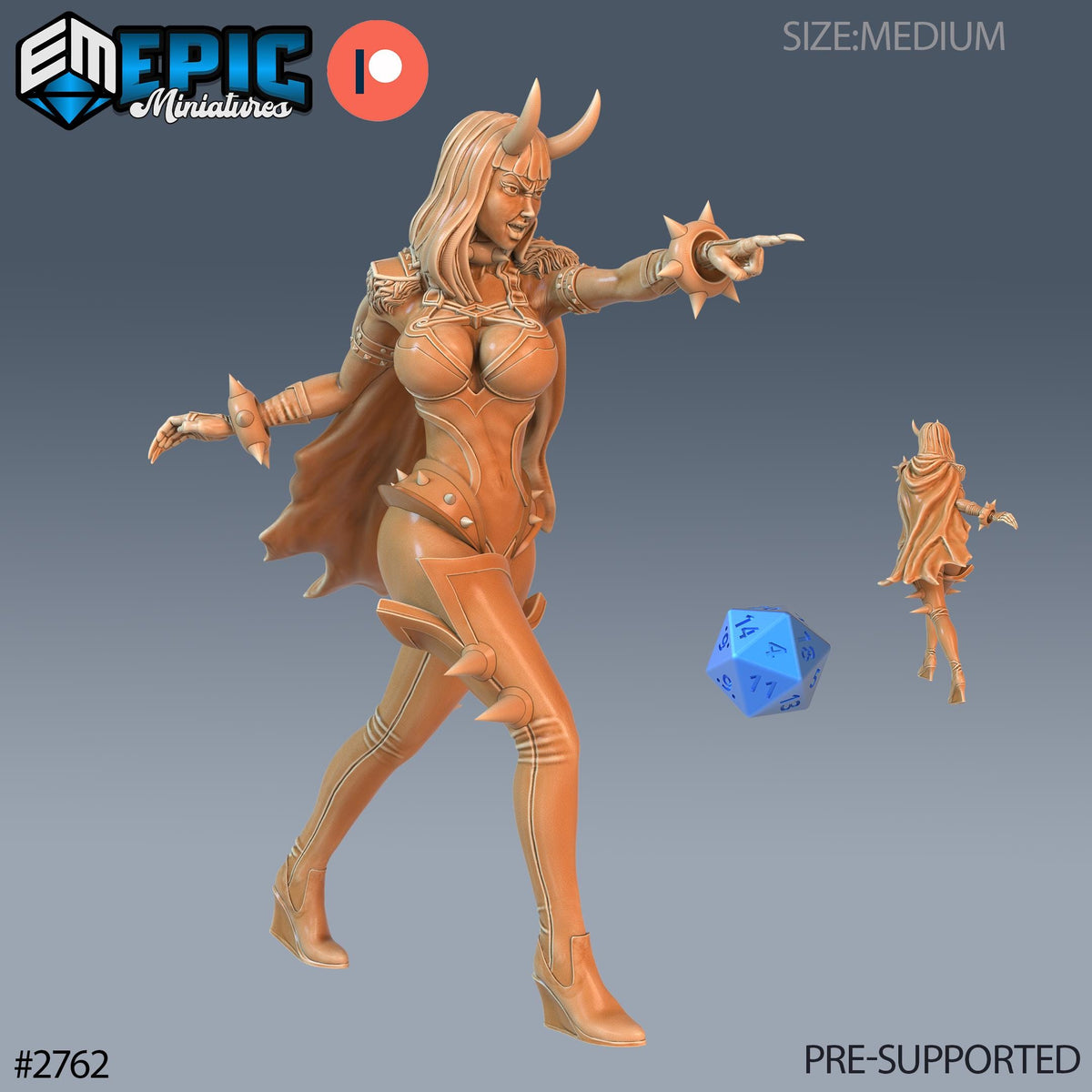 The image is a 3D model of a female character with horns, wearing a golden outfit and holding a blue dice.