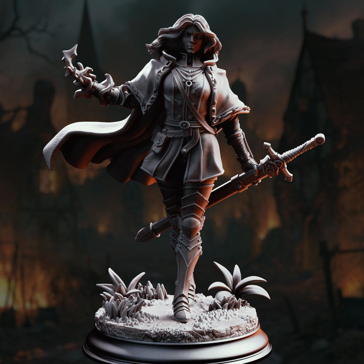 A detailed 3D model of a female warrior figure, holding a sword and surrounded by plants and foliage, set against a dark, atmospheric background.