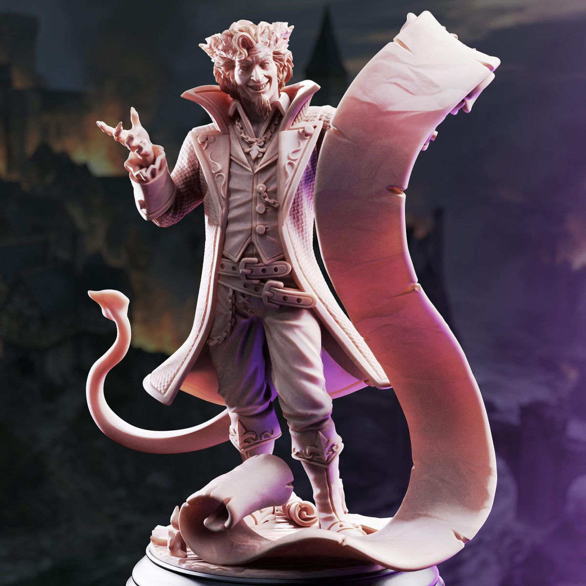 A detailed 3D model of a character with a long beard, wearing a coat and hat, and holding a scroll.