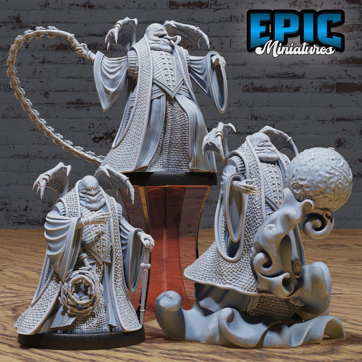 three detailed sculptures of fantasy characters, including a large dragon-like creature, a smaller humanoid figure, and a round object with a wave-like design. The sculptures are displayed against a brick wall background, creating a visually striking and imaginative scene.
