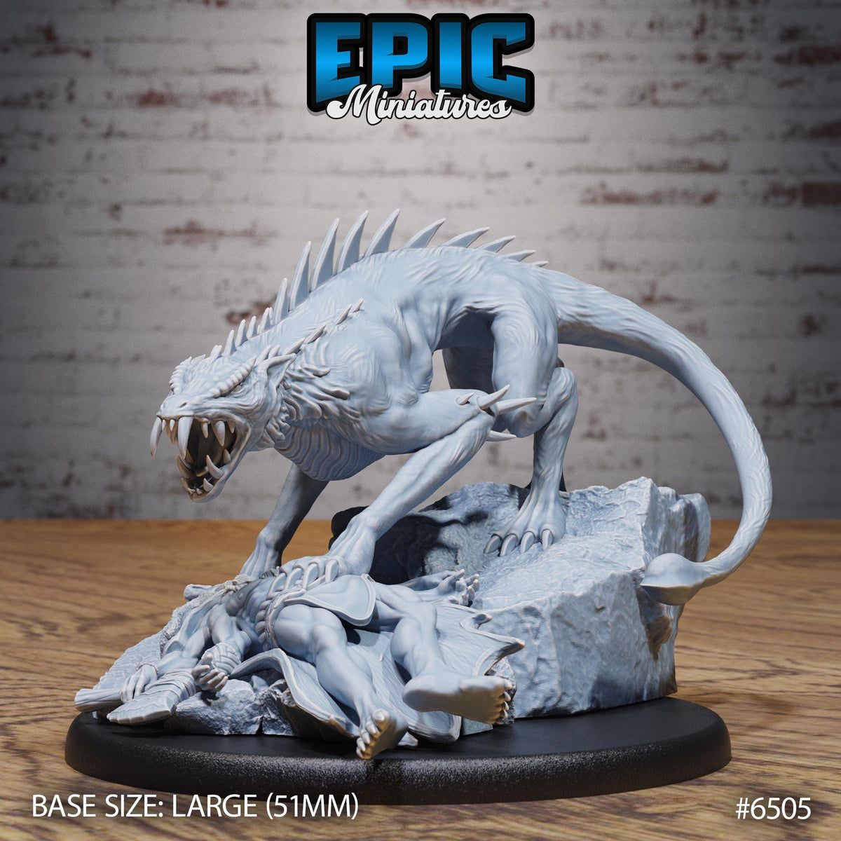 a large, detailed figurine of a monster-like creature with sharp teeth and claws, standing on a rock formation. The figurine appears to be a miniature model of a monster or dragon-like creature, possibly from a fantasy or science fiction game. The base size of the figurine is described as large (51mm), and it is placed on a black base. The image is part of a collection or series, as indicated by the text "Epic Miniature" and the number "65005".