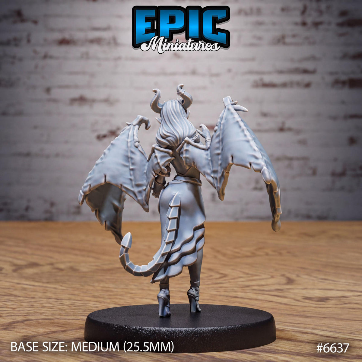 A 3D model of a female character with horns and wings, standing on a black base. The character appears to be a fantasy or fantasy-inspired figure.