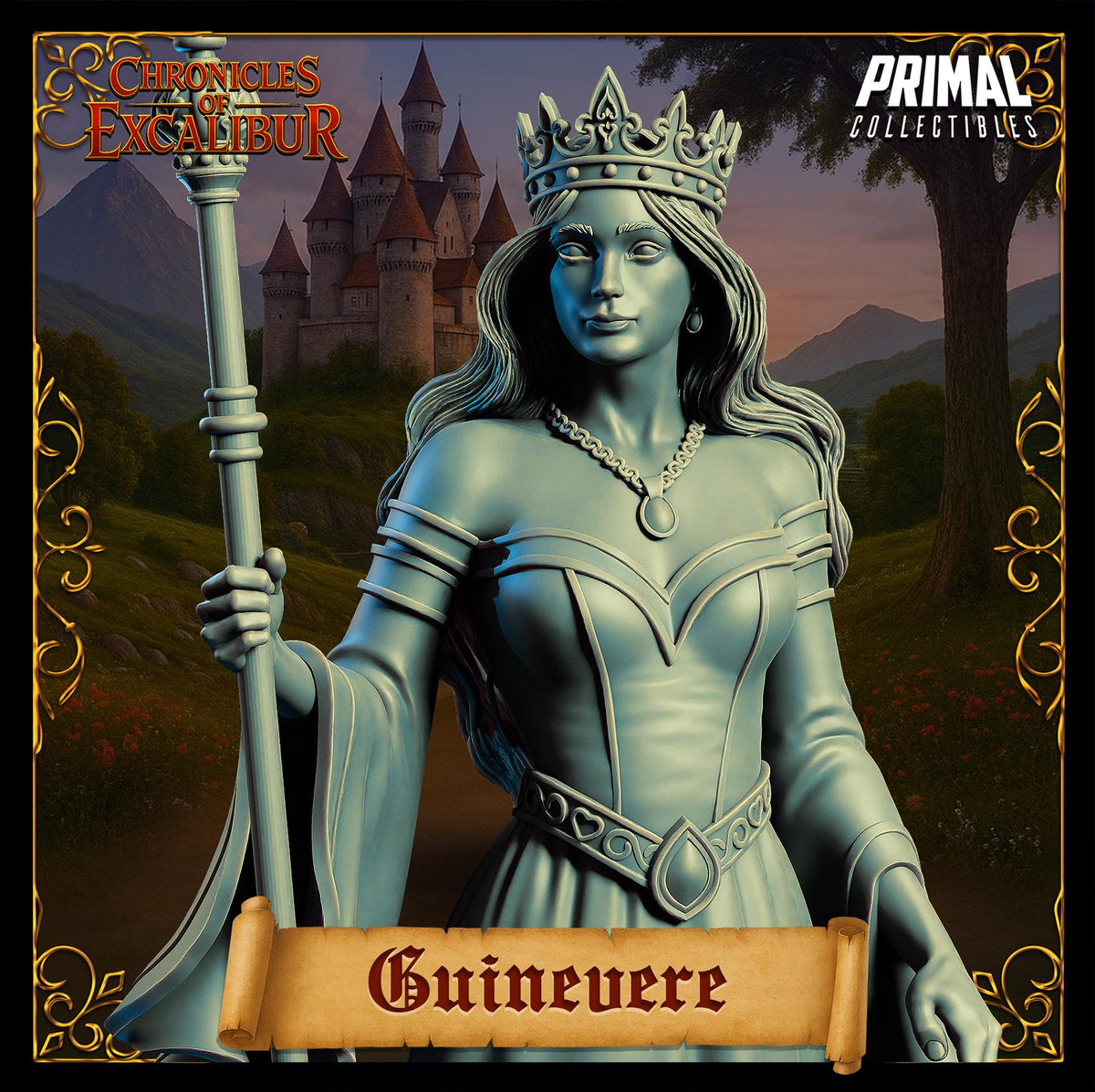 The image is a statue of a woman wearing a crown, holding a staff, and standing in front of a castle. The name 'Guinevere' is displayed below the statue.