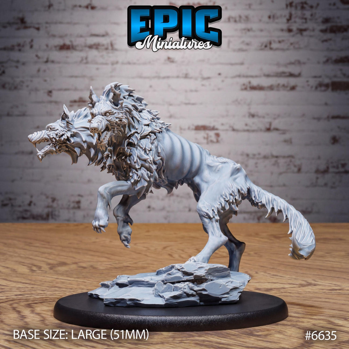 A large gray wolf figurine on a black base, with the text "EPIC MINI" and "BASE SIZE: LARGE (5.1MM)" visible.