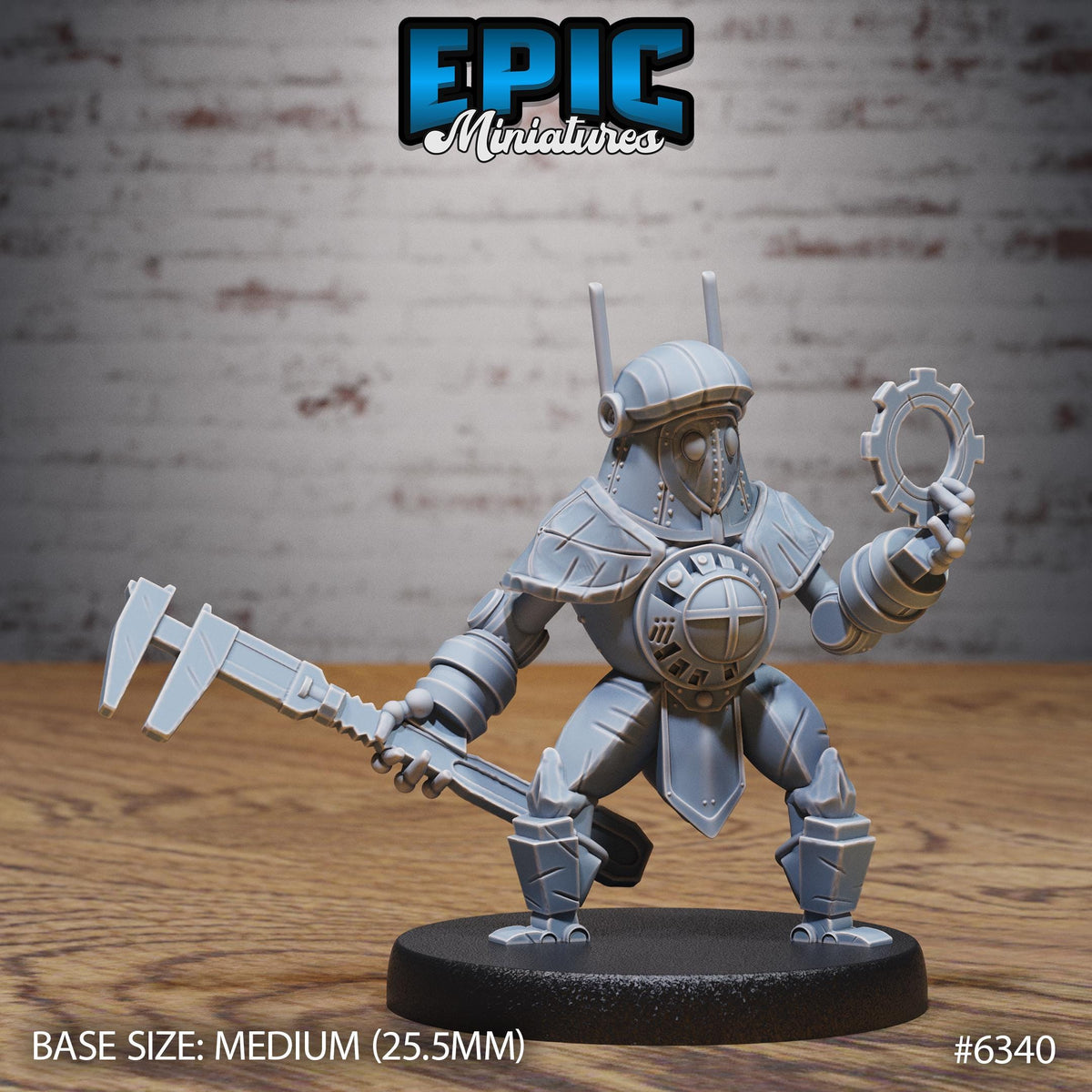 A 3D model of a mechanical figure, likely a character from a video game or tabletop game, standing on a black base and holding a tool in one hand and a gear in the other.