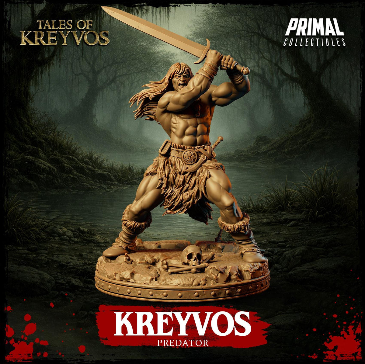 A statue of a muscular, bearded warrior wielding a sword, standing in a dark, misty forest setting.