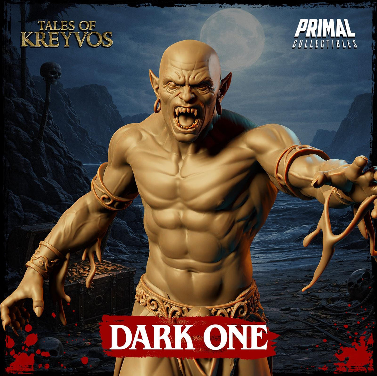 A close-up of a muscular, bearded, and bald-headed monster with a menacing expression, set against a dark, rocky landscape with a full moon in the background.