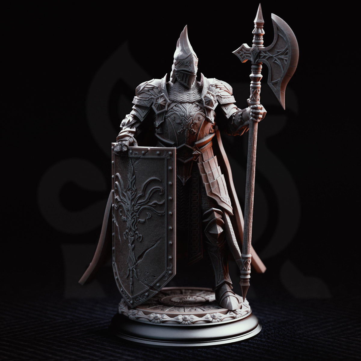 A detailed 3D model of a knight in armor, holding a shield and a sword, standing on a pedestal against a dark background.