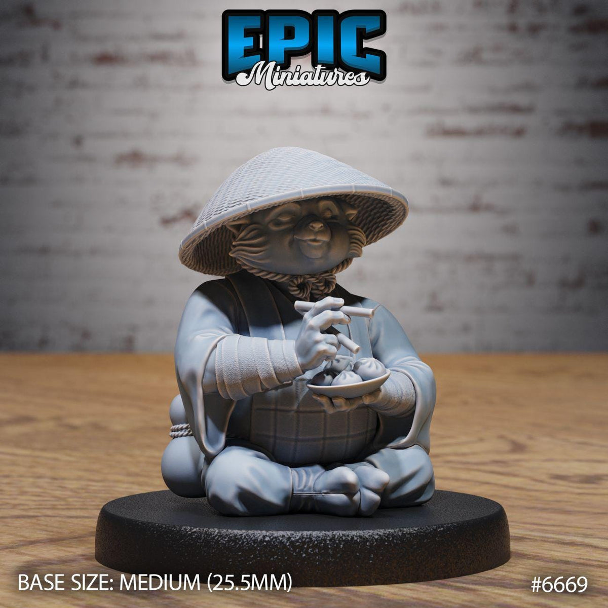 A figurine of a person wearing a hat and holding a plate of food, sitting on a black base.