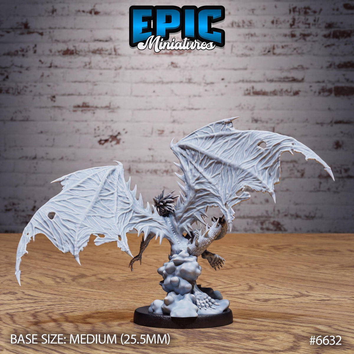 A detailed model of a winged creature, possibly a dragon or mythical beast, with intricate textures and patterns. The creature is displayed on a wooden surface against a brick wall background.
