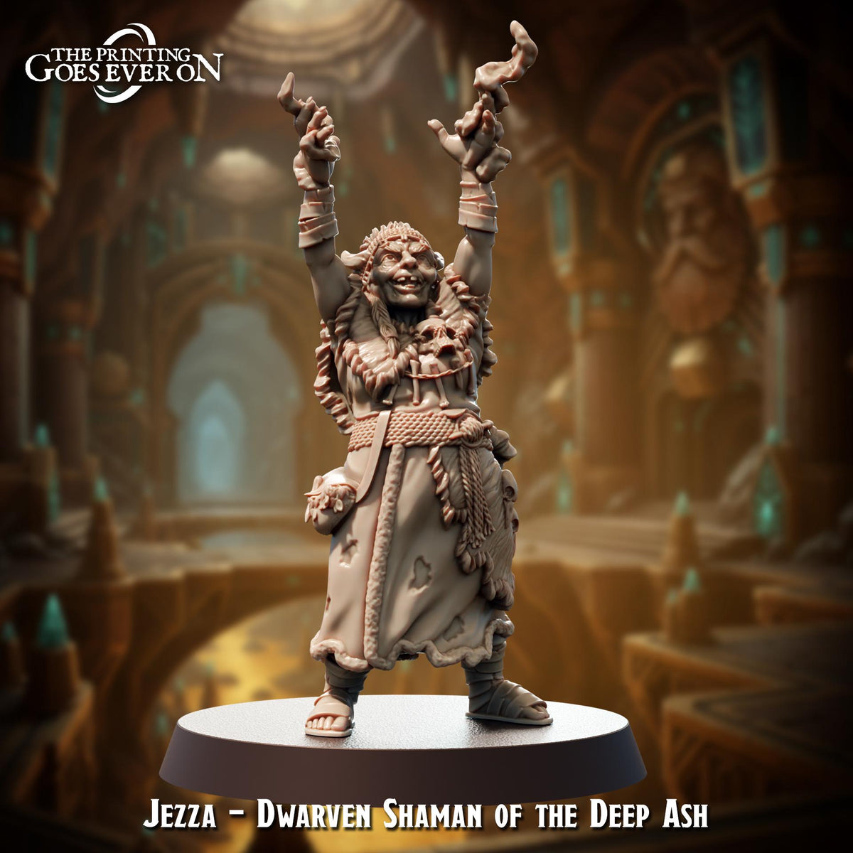 A figurine of a dwarf character named Jezza, known as the Shaman of the Deep Ash, standing in a fantastical setting with raised arms.
