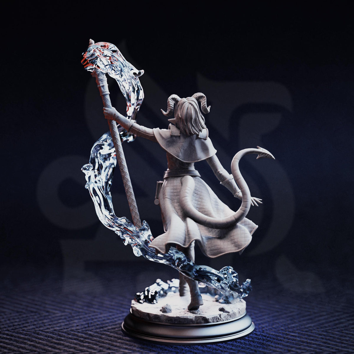 A detailed 3D model of a female character with horns, holding a staff and surrounded by water-like elements, set against a dark background.