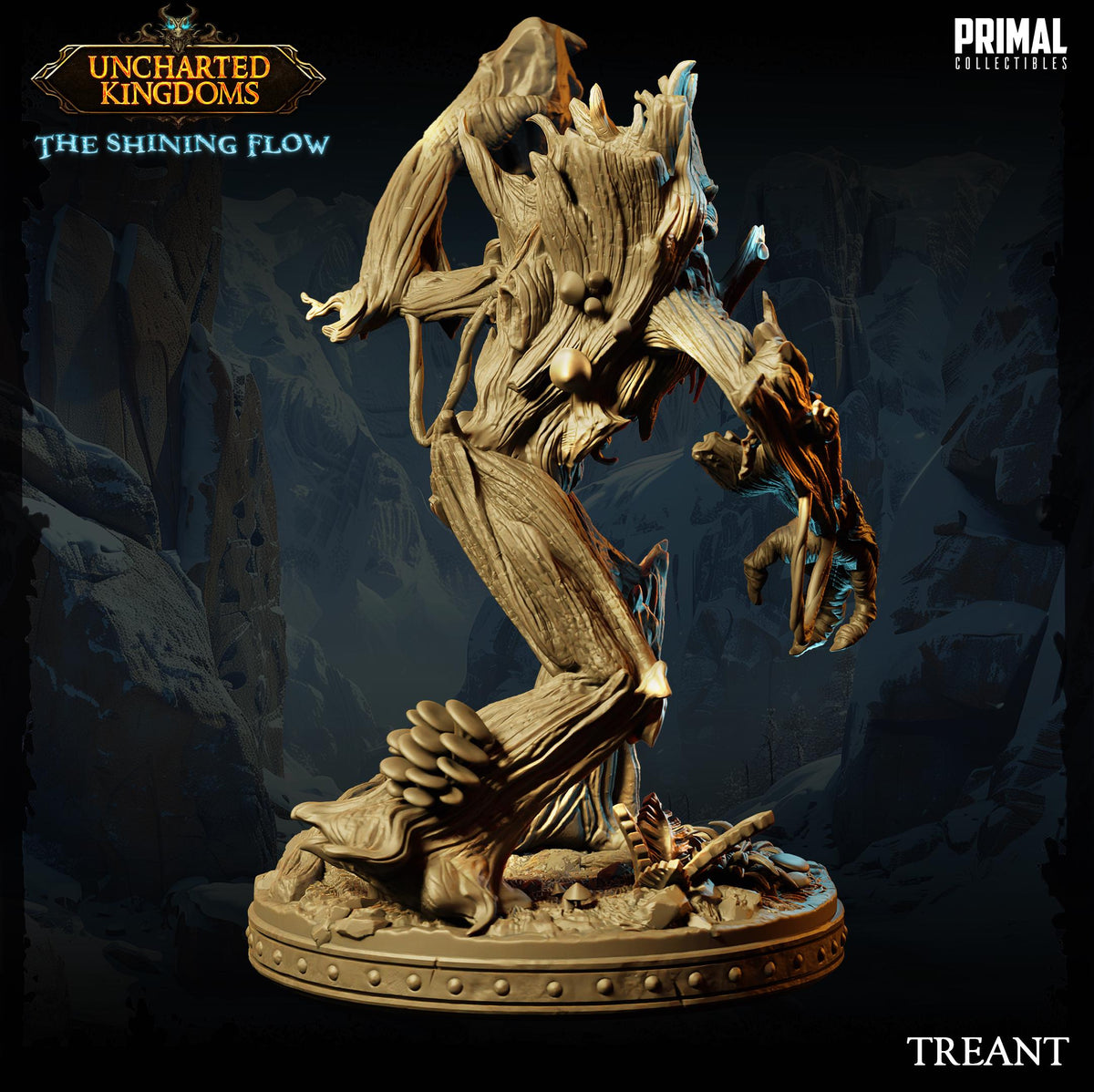 The image is a 3D model of a fantastical creature, possibly a mythical or magical being, with intricate details and textures. The creature appears to be a combination of a tree or plant and a creature from the video game "Uncharted Kingdoms". The creature is standing on a base or pedestal, and the background features a dark, rocky landscape with a cave-like structure. The image does not contain any text or additional objects, and the creature is the main focus of the image.