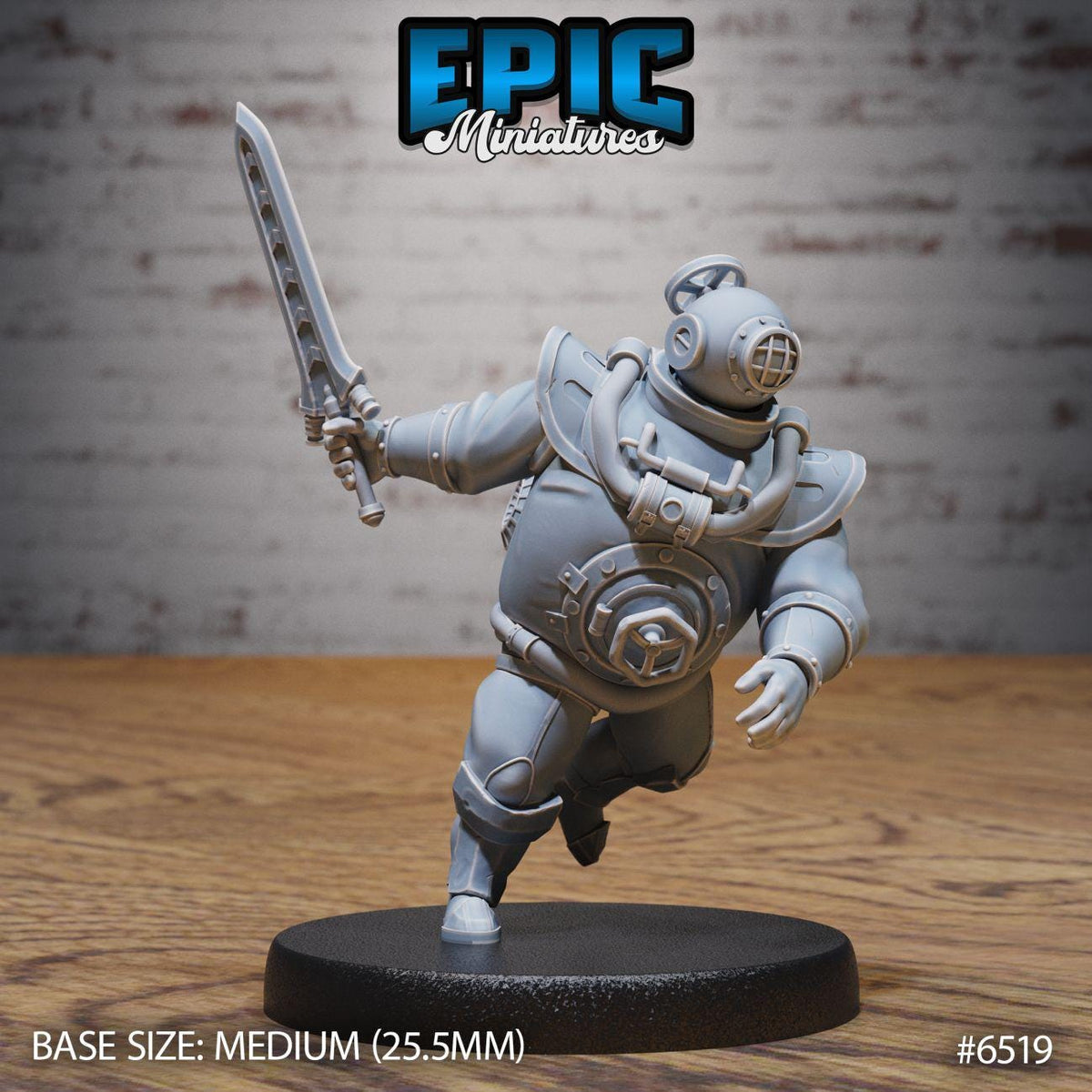 A figurine of a character in a suit and helmet, holding a sword, is displayed on a black base.