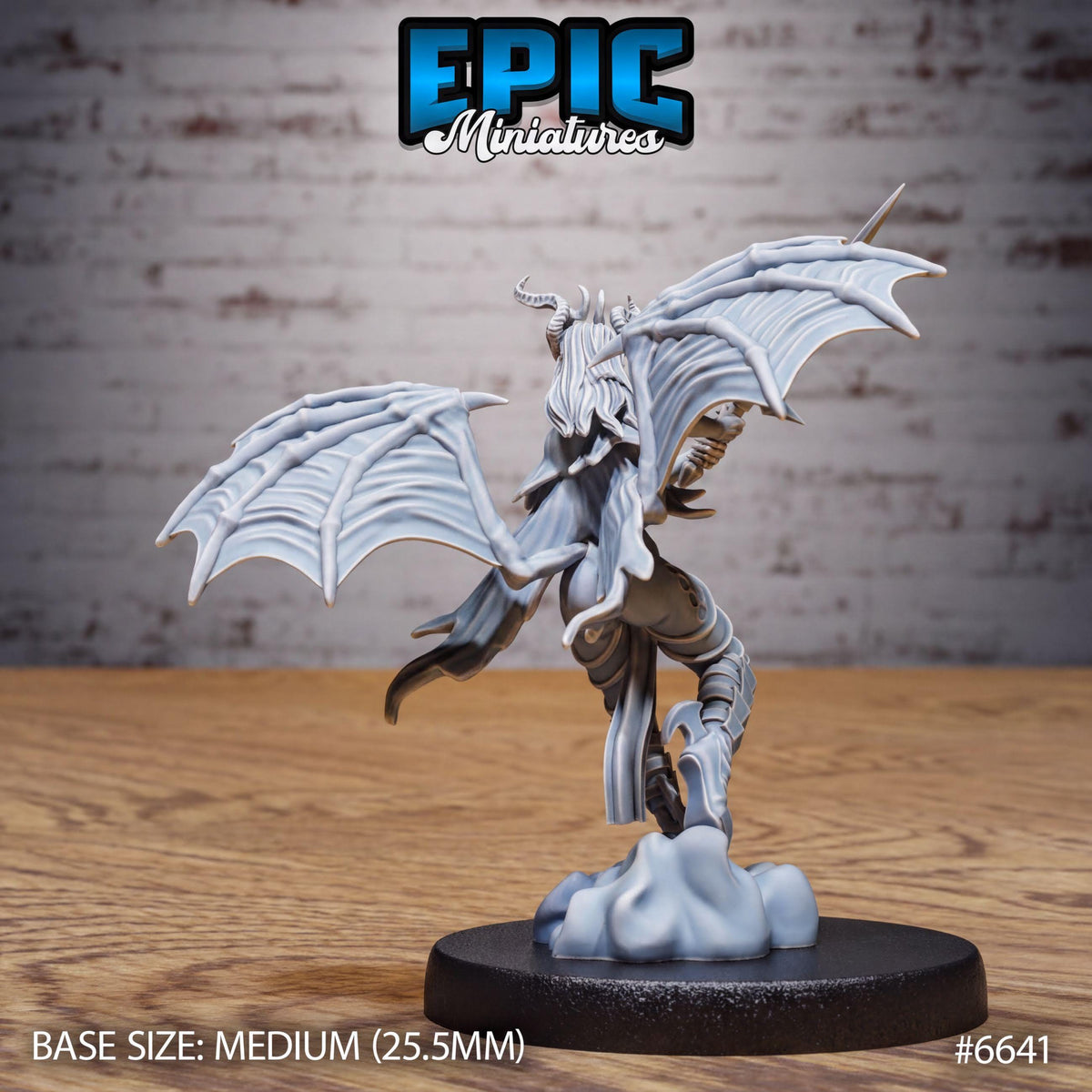 A figurine of a winged creature with horns and claws, sitting on a black base. The figurine appears to be a miniature model of a fantastical creature, possibly a dragon or a mythical being. The image is described as a "MEDIUM" size, with a base size of 25.5 millimeters. The image is part of a collection or series, as indicated by the text "EPIC Miniature" and the number "#6641".