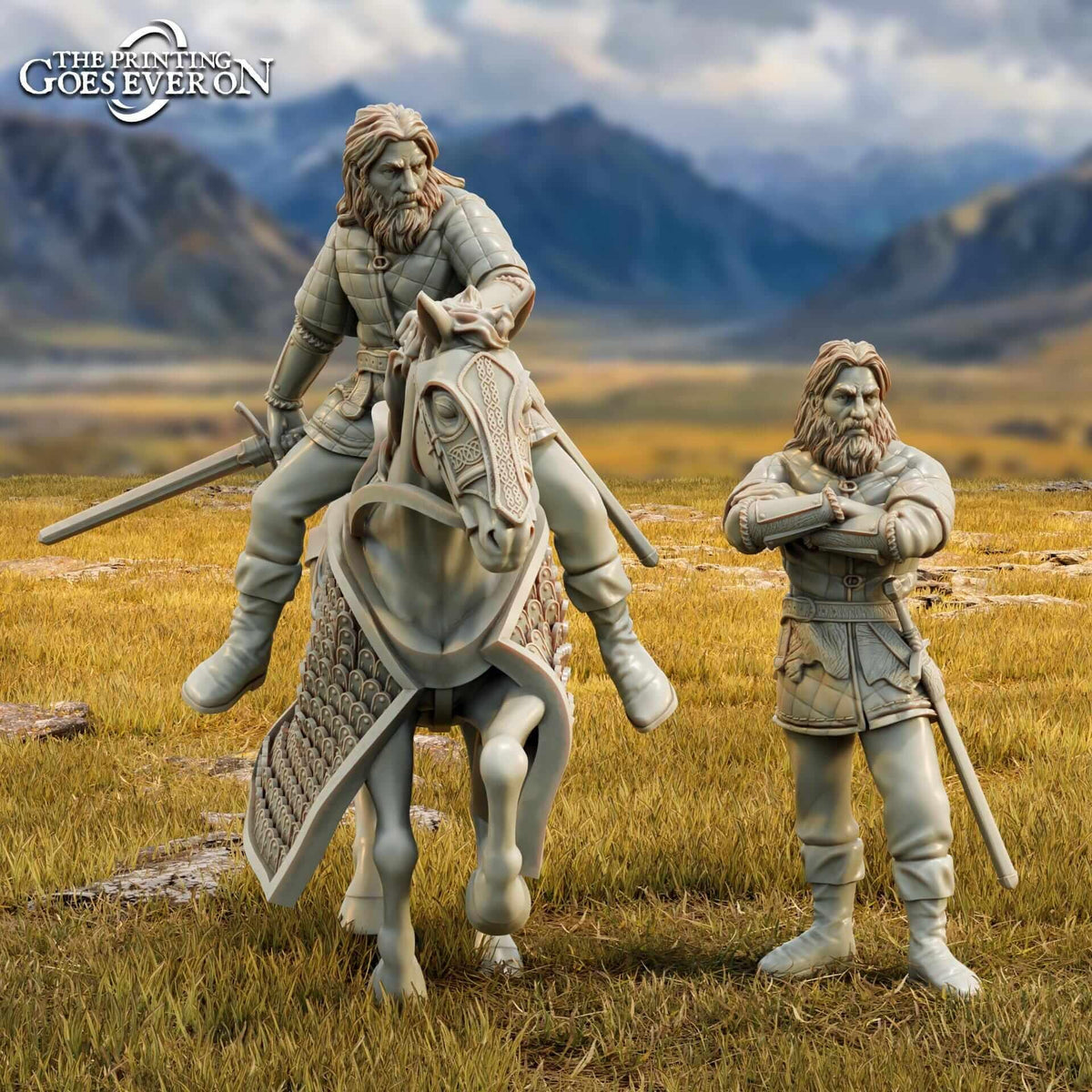 Hrod Hammerfist on foot and mounted -Tales of the Wind and Saddle - Printing Goes Ever On