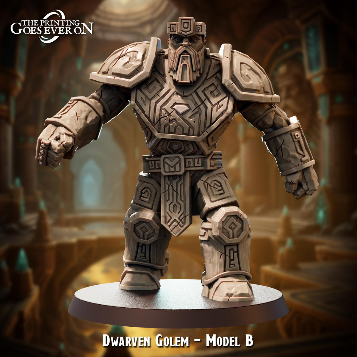 A 3D rendering of a heavily armored dwarf warrior figure, identified as Dwarven Golem - Model B, standing in a grand, ornate setting.