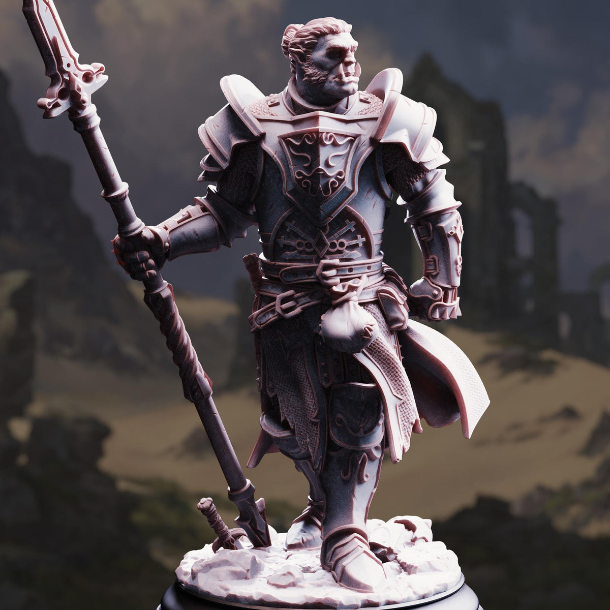 A detailed 3D model of a knight in armor, standing in a rugged landscape with a castle in the background.