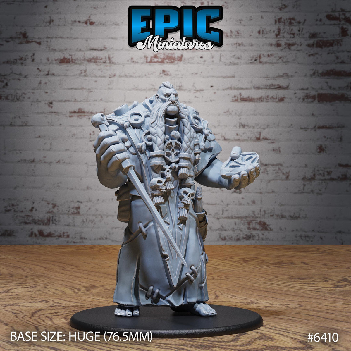 a detailed miniature model of a character, likely from a fantasy or science fiction game, standing on a black base. The character is wearing a long robe and has a sword in their hand. The background is a brick wall, which adds to the overall aesthetic of the scene. The image is described as a "base size: huge (76.5mm)" and is numbered "6410".