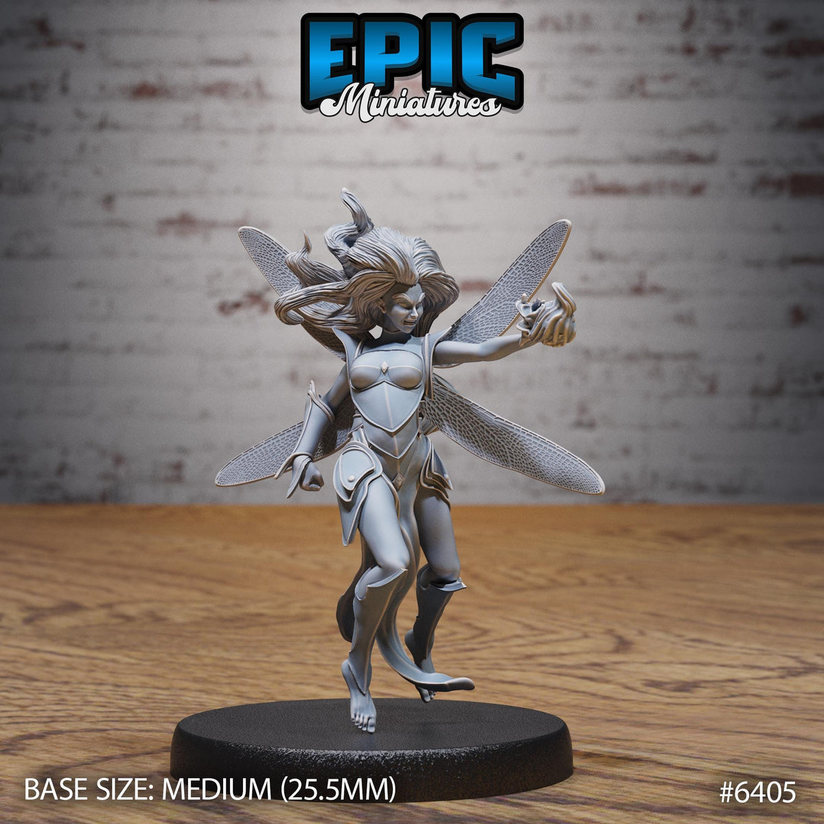 A figurine of a winged female character with a sword in her hand, standing on a black base.